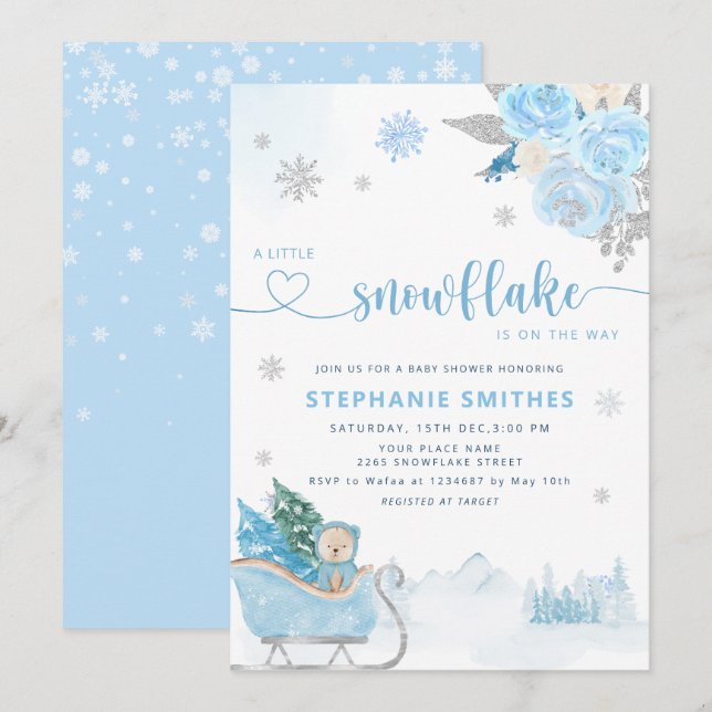 Invitation Petit Flocon de neige Teddy Bear Baby shower d'hiv (Devant / Derrière)