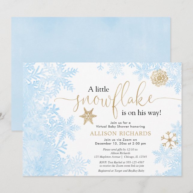 Invitation Petit flocon d'or bleu baby shower (Devant / Derrière)