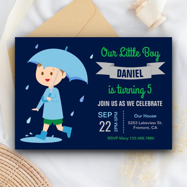Invitation Petit garçon avec parapluie | Rainy Day Birthday P (Créateur téléchargé)