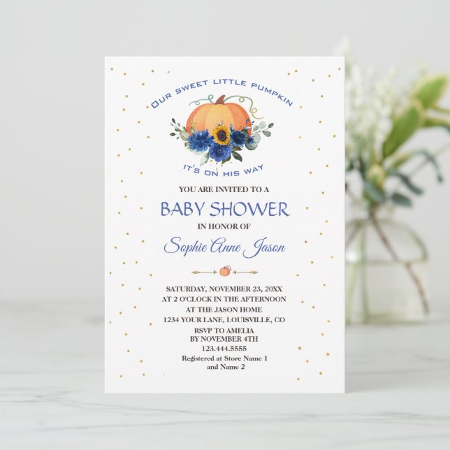 Invitation Petit garçon Citrouille Floral Thanksgiving Baby s (Debout devant)