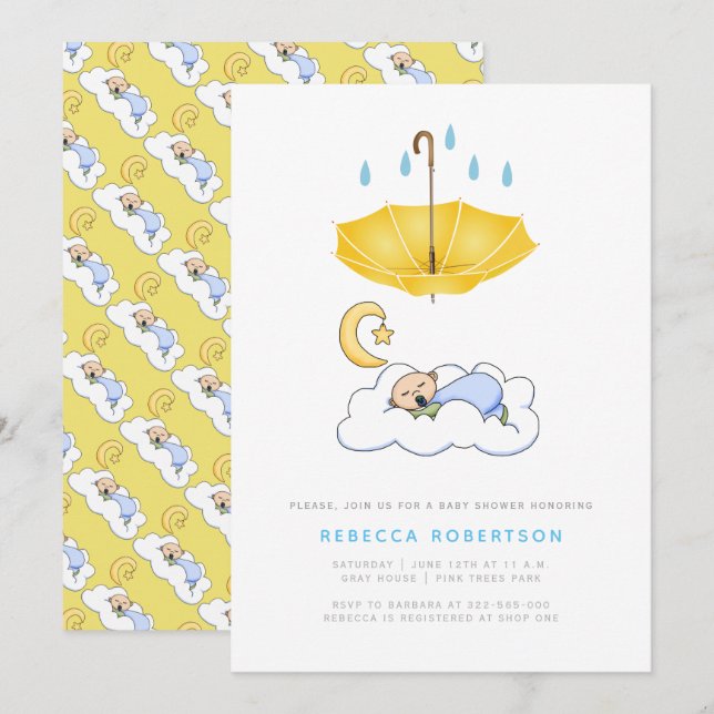 Invitation Petit garçon endormi douche jaune parapluie (Devant / Derrière)