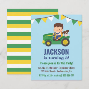 Invitation Petit garçon et chien sur le tracteur fête d'anniv
