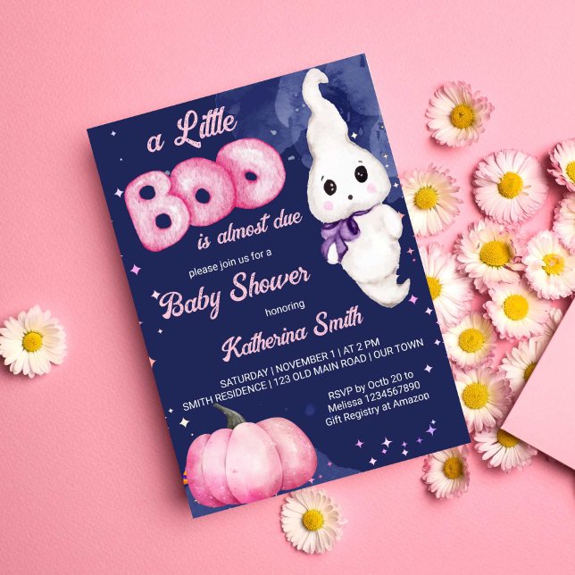 Invitation Petit garçon Halloween bébé fille fantôme baby sho (Little boo baby girl Halloween themed baby shower cute baby ghost pink pumpkin navy blue starry )