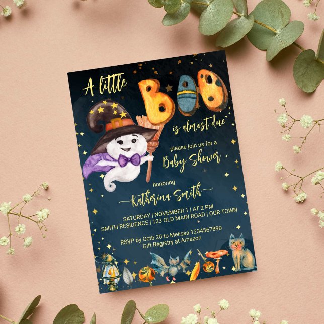 Invitation Petit garçon Halloween mignon baby shower fantôme  (Little boo Halloween baby shower template invitation cute baby ghost starry night background invite)