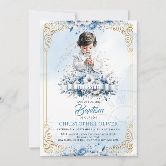 Invitation Petit garçon mignon avec bijoux vêtements blancs B (Devant)
