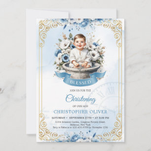 Invitation Petit garçon mignon bleu poussiéreux cadre or fleu