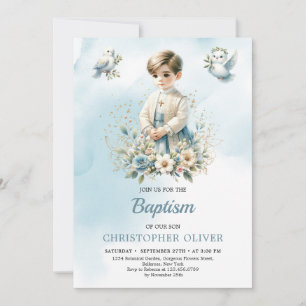 Invitation Petit garçon religieux fleurs bleues Première comm