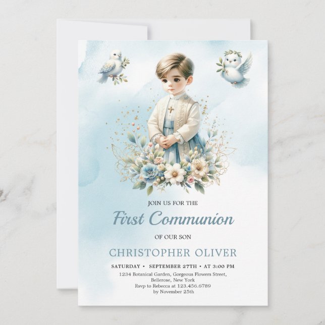 Invitation Petit garçon religieux fleurs bleues Première comm (Devant)