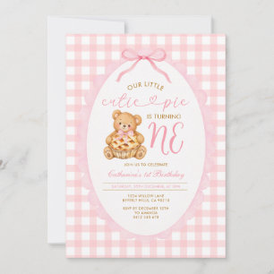 Invitation Petit gâteau gingham ours premier anniversaire