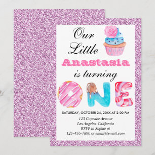 Invitation Petit Gâteau Rose Lilas Paillettes 1er Anniversair