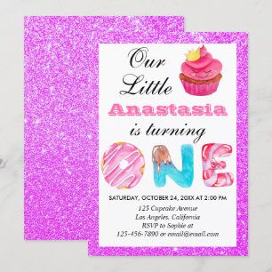 Invitation Petit Gâteau Violet Pailleté 1er Anniversaire
