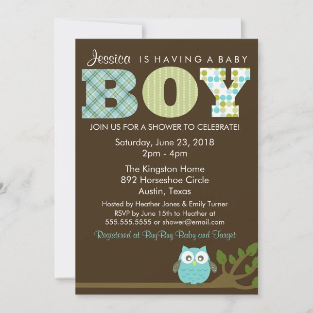 Invitation Petit hibou Baby Boy Shower Invitation, Motif (Devant)