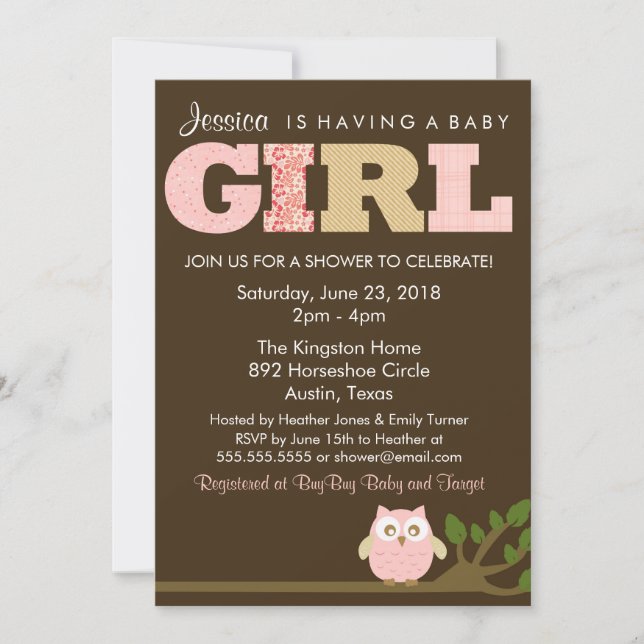 Invitation Petit hibou Baby Girl Douche Invitation, Motif (Devant)
