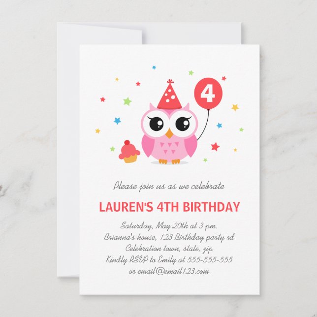 Invitation Petit hibou de la fête avec anniversaire de ballon (Devant)