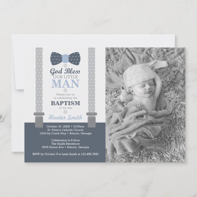 Invitation Petit Homme Baptême Photo Invitation, Bleu, Gris (Devant)
