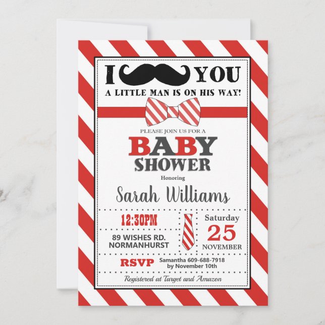 Invitation Petit Homme Mustache Baby shower bébé garçon (Devant)