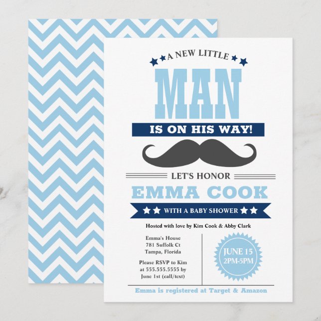 Invitation Petit Homme Mustache Bash Boy Baby shower (Devant / Derrière)