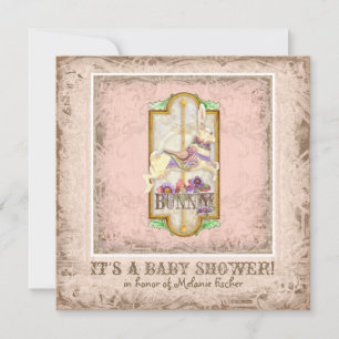 Invitation Petit Lapin Baby Girl Cirque Carousel Art Vintage