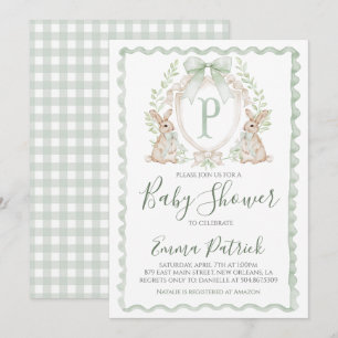 Invitation Petit lapin Baby shower de lapin Preppy Sage Green