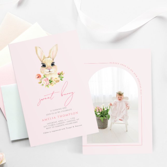 Invitation Petit lapin doux bébé rose photo Anniversaire (Créateur téléchargé)