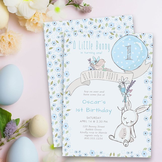 Invitation Petit Lapin et Bleu Balloon N'importe quel âge Gar (Little Bunny First Birthay Party Invitation - or edit to suit any age)
