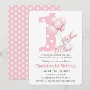 Invitation Petit lapin mignon lapin rose points un 1er annive