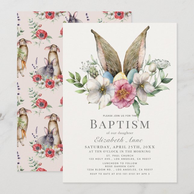 Invitation Petit Lapin Oreille Florale Rose Fille Baptême (Devant / Derrière)