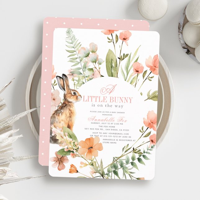 Invitation Petit lapin rose Baby shower Floral fille (Créateur téléchargé)