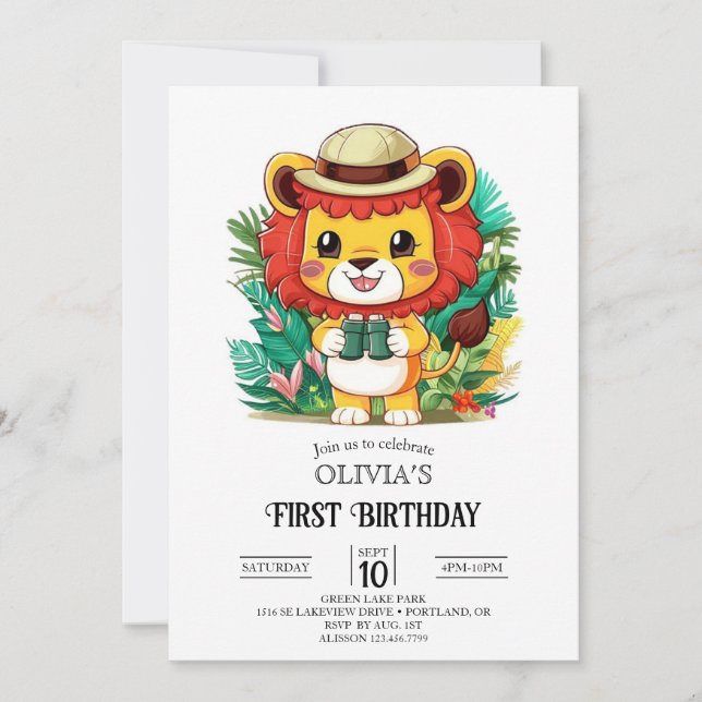 Invitation Petit Lion coloré 1er anniversaire numérique (Devant)