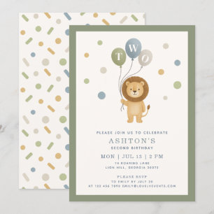 Invitation Petit Lion & Confetti, cadre vert Enfant Anniversa