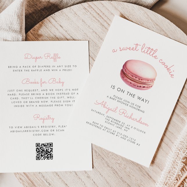 Invitation Petit Macaron Code QR Cookie Rose Fête de Naissanc (Créateur téléchargé)