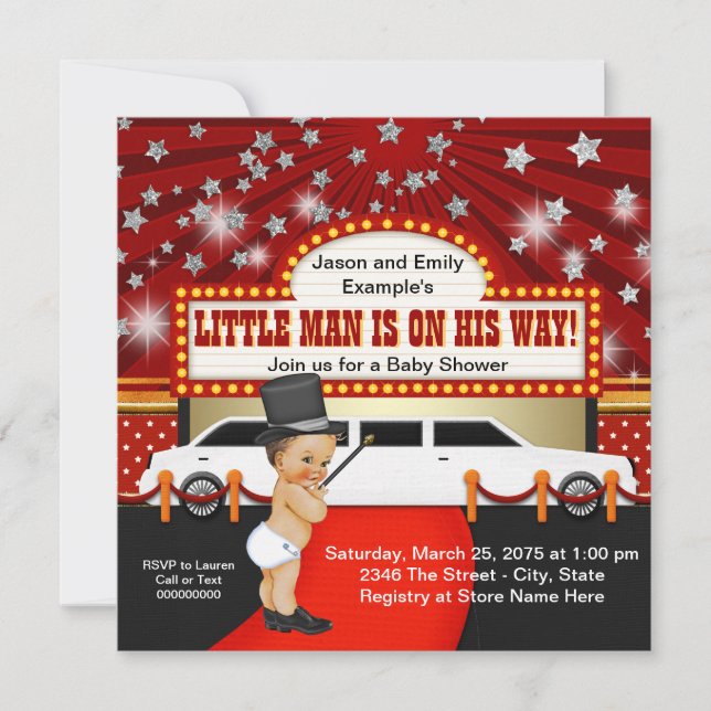 Invitation Petit Man Limousine Movie Star Baby shower (Devant)