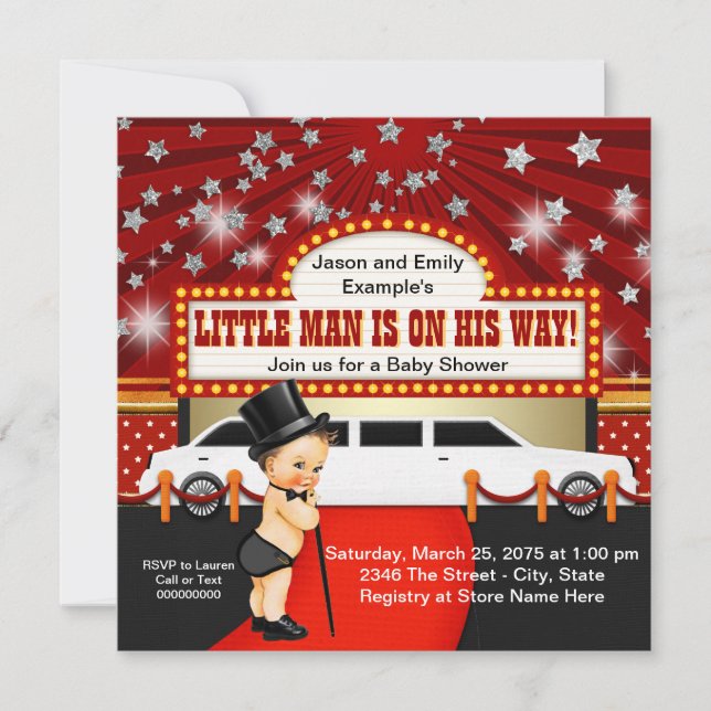 Invitation Petit Man Limousine Movie Star Baby shower (Devant)