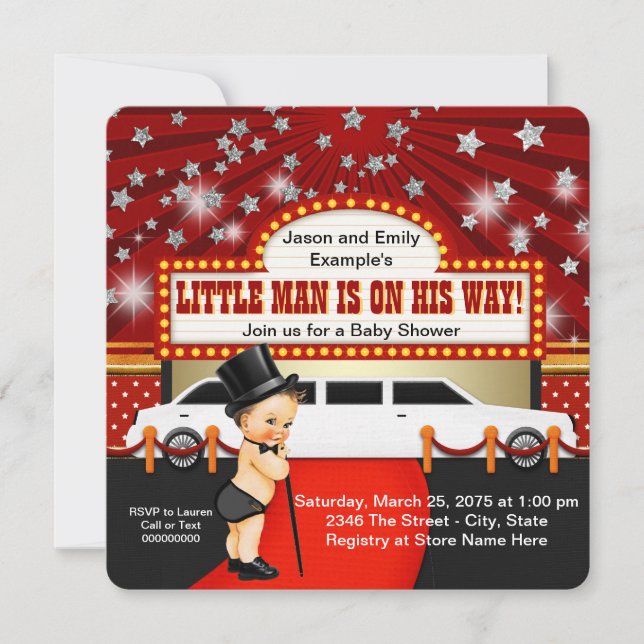 Invitation Petit Man Limousine Movie Star Baby shower (Devant)