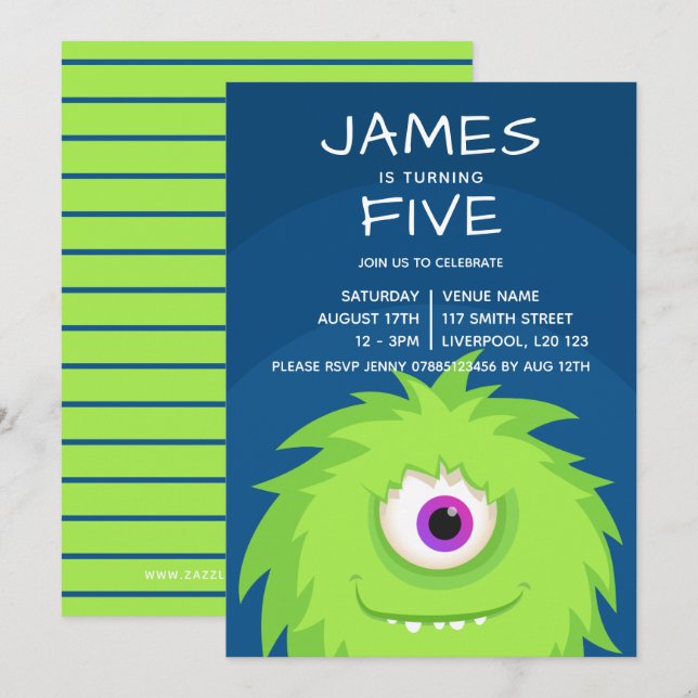 Invitation Petit Monster bleu vert (Devant / Derrière)