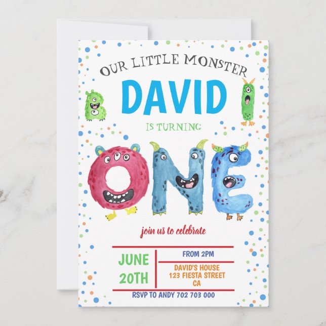 Invitation Petit Monster Garçon Premier Anniversaire Monstres (Devant)
