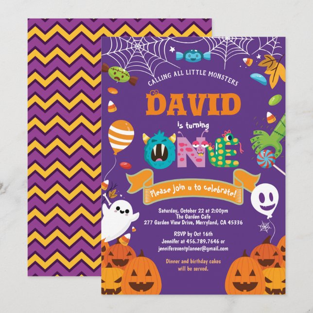 Invitation Petit monstre 1er anniversaire thème Halloween (Devant / Derrière)