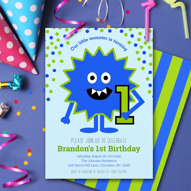 Invitation Petit Monstre Bleu Garçon 1er Anniversaire Plaisan (Créateur téléchargé)