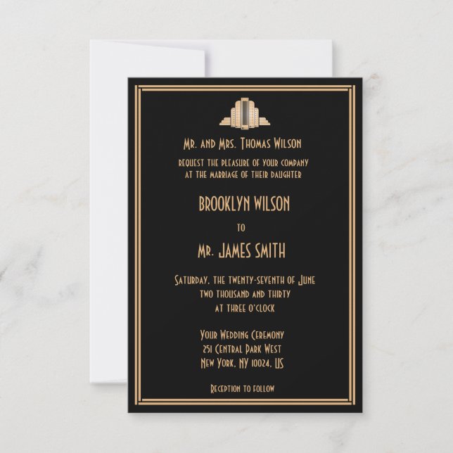 Invitation Petit Noir Art Déco Grand Mariage Gatsby Invite (Devant)