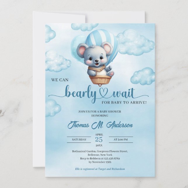 Invitation Petit ours bébé avec Baby shower à montgolfière (Devant)