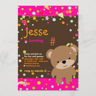 Invitation Petit ours en peluche/Fond bricolage+texte