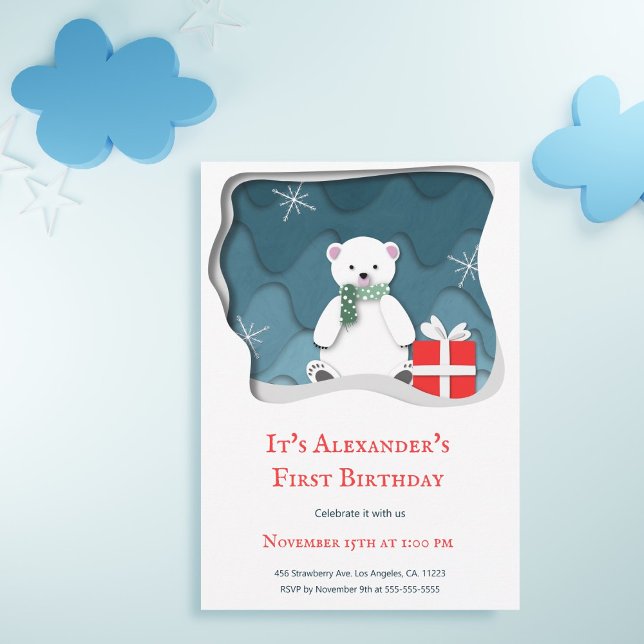 Invitation Petit Ours Polaire avec Rouge Présent Premier Anni (Créateur téléchargé)