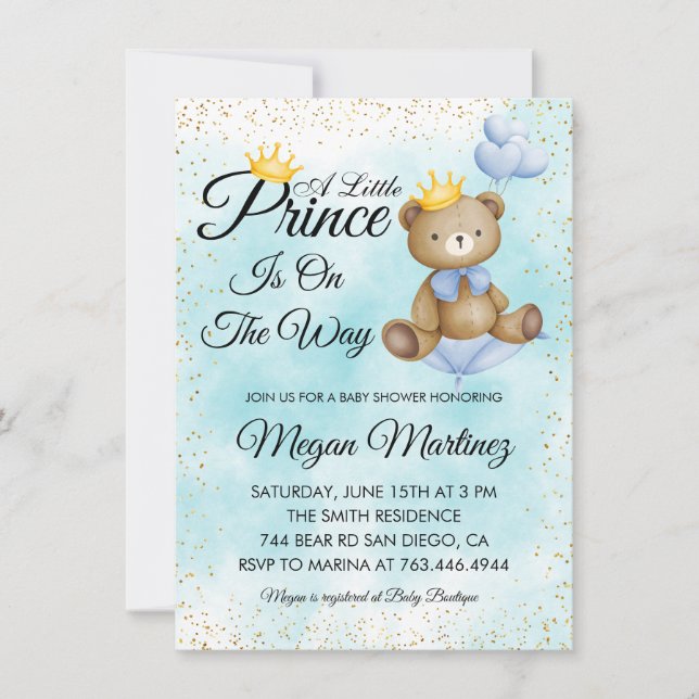 Invitation petit ours prince bleu or garçon baby shower (Devant)