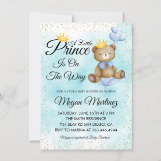 Invitation petit ours prince bleu or garçon baby shower