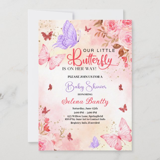 Invitation petit papillon baby shower fille Aquarelle rose (Devant)
