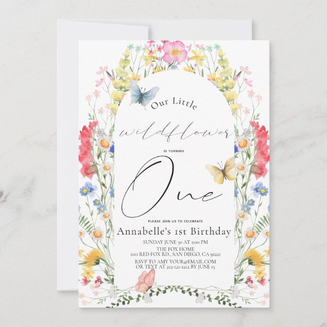 Invitation Petit papillon Fleur sauvage Arch Girl 1er anniver (Devant)