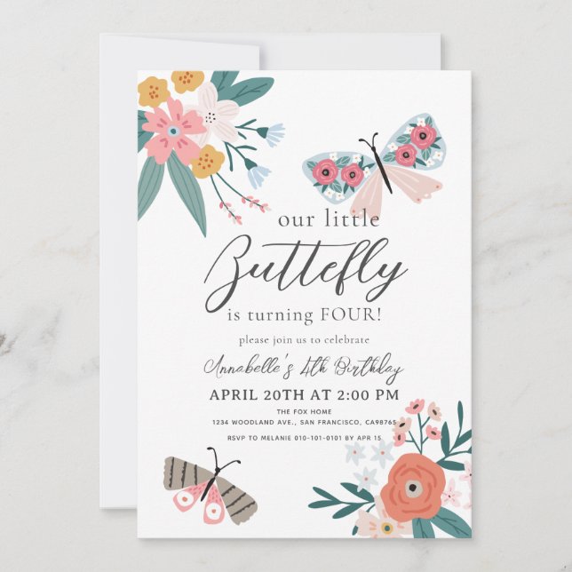 Invitation Petit Papillon Floral Girl Anniversaire (Devant)