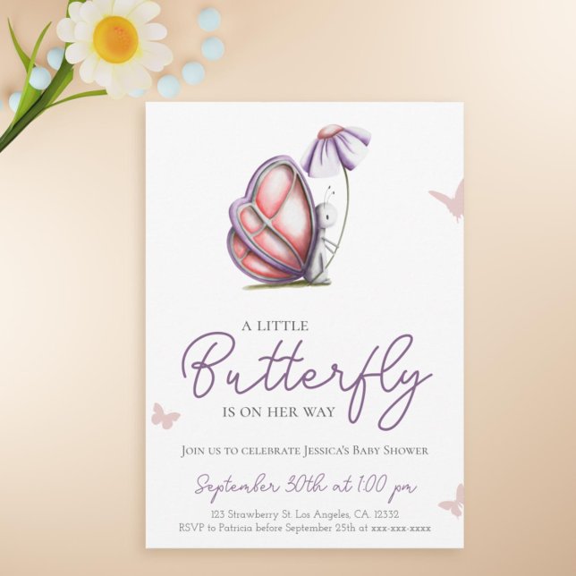 Invitation Petit Papillon mignon Purple Baby shower fille (Cute butterfly baby shower invitation)