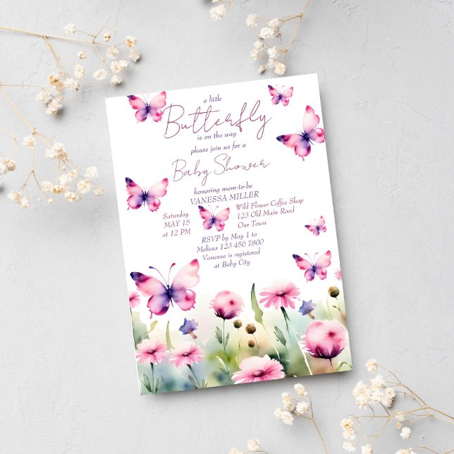 Invitation Petit papillon pastel lilas baby shower rose (Little butterfly baby shower template invitation instant download meadow flowers pastel butterflies)