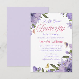 Invitation petit papillon rose violet baby shower floral